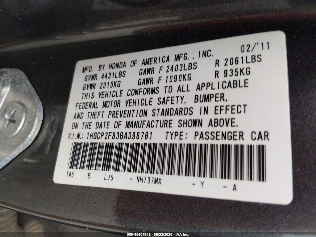 1HGCP2F83BA098781 2011 HONDA ACCORD photo no. 9