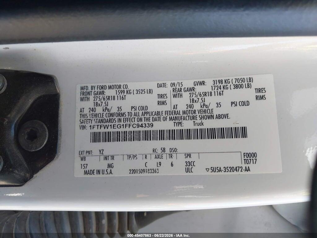 1FTFW1EG1FFC94339 2015 FORD F-150 photo no. 9