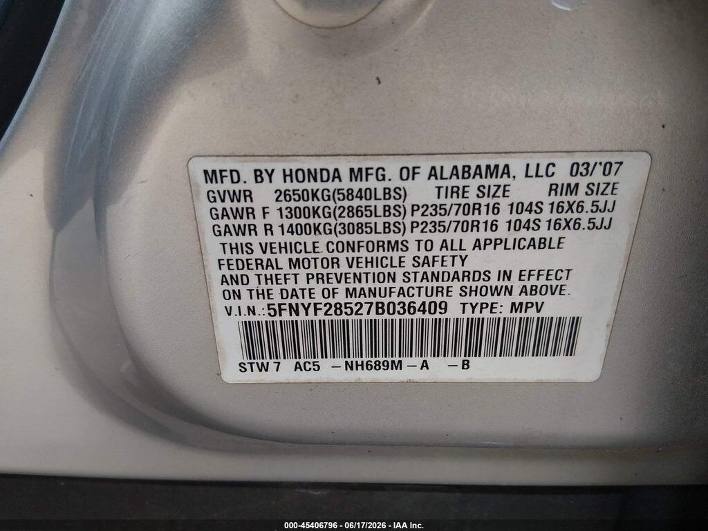 5FNYF28527B036409 2007 HONDA PILOT photo no. 9