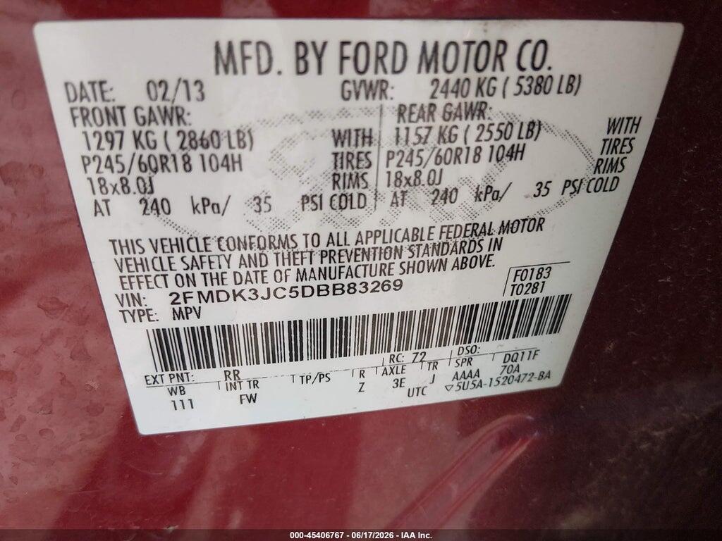 2FMDK3JC5DBB83269 2013 FORD EDGE photo no. 9