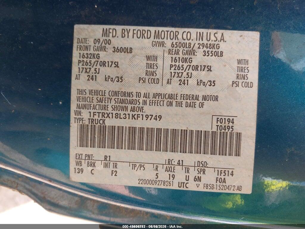 1FTRX18L31KF19749 2001 FORD F-150 photo no. 9