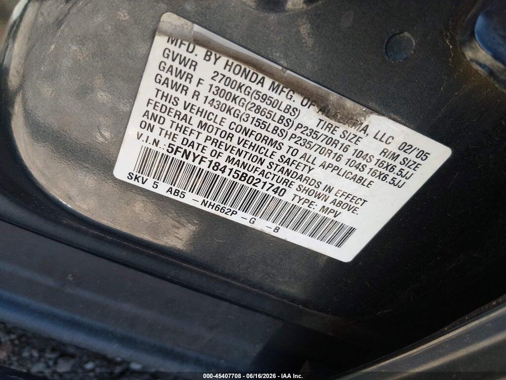 5FNYF18415B021740 2005 HONDA PILOT photo no. 9