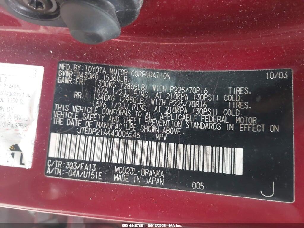 JTEDP21A440006546 2004 TOYOTA HIGHLANDER photo no. 9