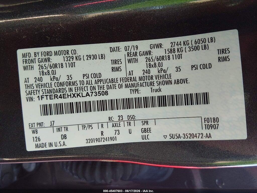 1FTER4EHXKLA73508 2019 FORD RANGER photo no. 9