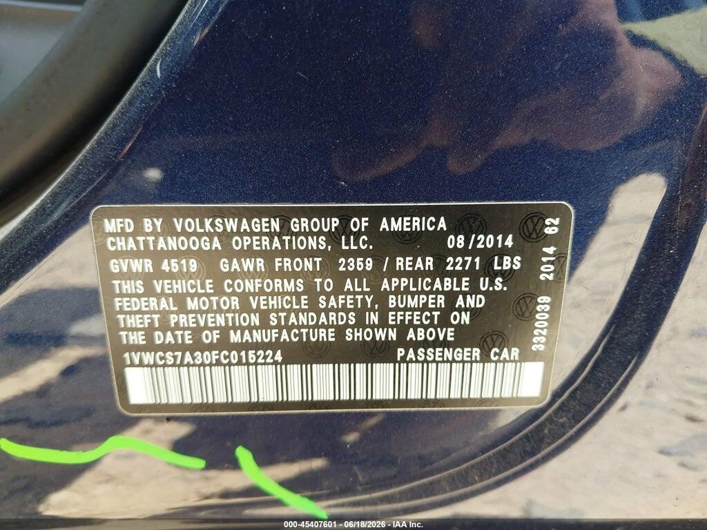 1VWCS7A30FC015224 2015 VOLKSWAGEN PASSAT photo no. 9