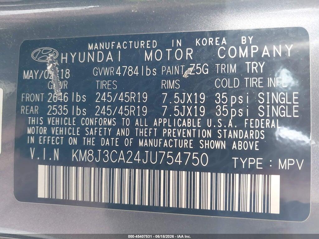 KM8J3CA24JU754750 2018 HYUNDAI TUCSON photo no. 9