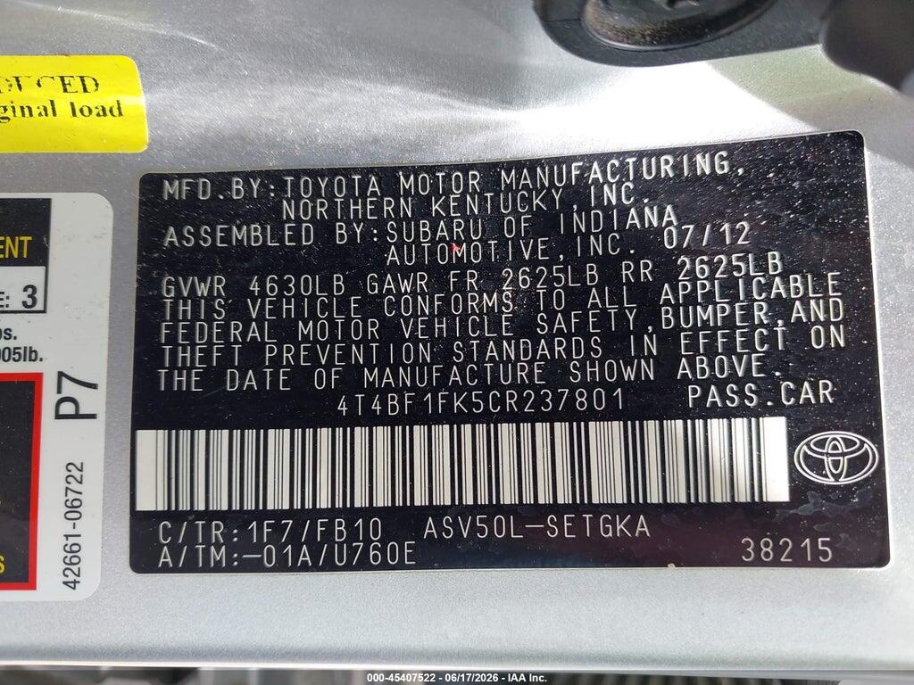 4T4BF1FK5CR237801 2012 TOYOTA CAMRY photo no. 9