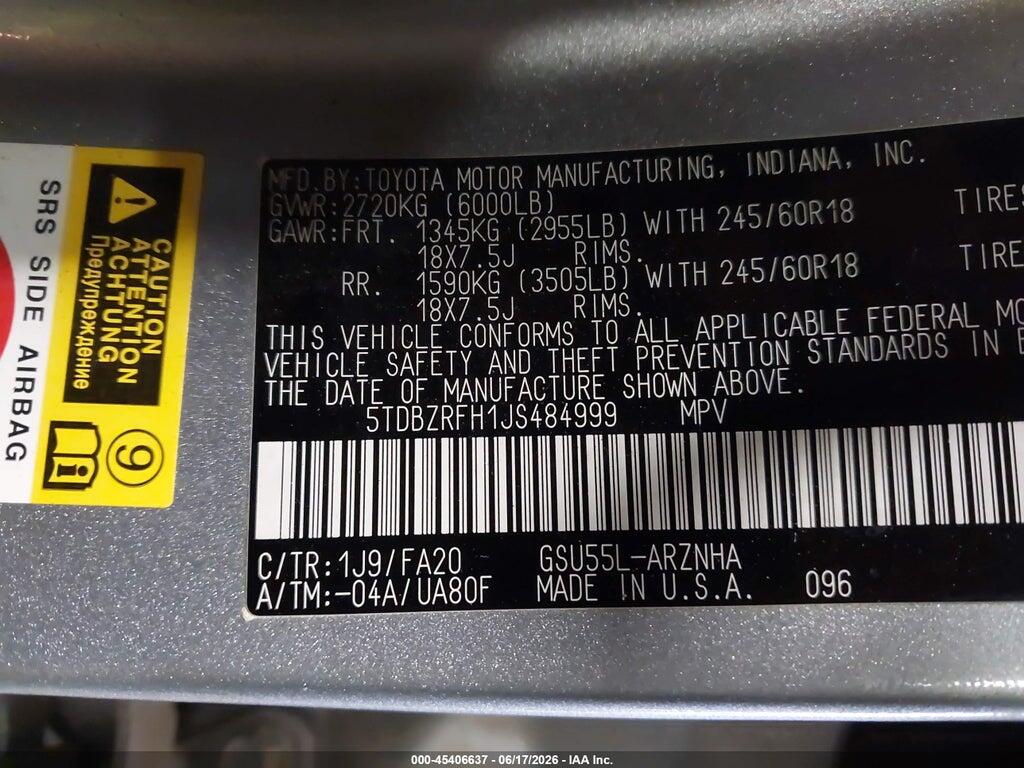 5TDBZRFH1JS484999 2018 TOYOTA HIGHLANDER photo no. 9