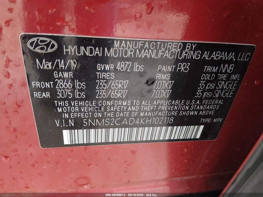 5NMS2CAD4KH102118 2019 HYUNDAI SANTA FE photo no. 9