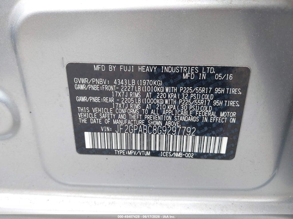 JF2GPABC8G9297792 2016 SUBARU CROSSTREK photo no. 9