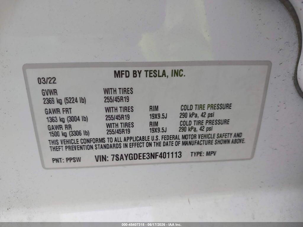 7SAYGDEE3NF401113 2022 TESLA MODEL Y photo no. 9