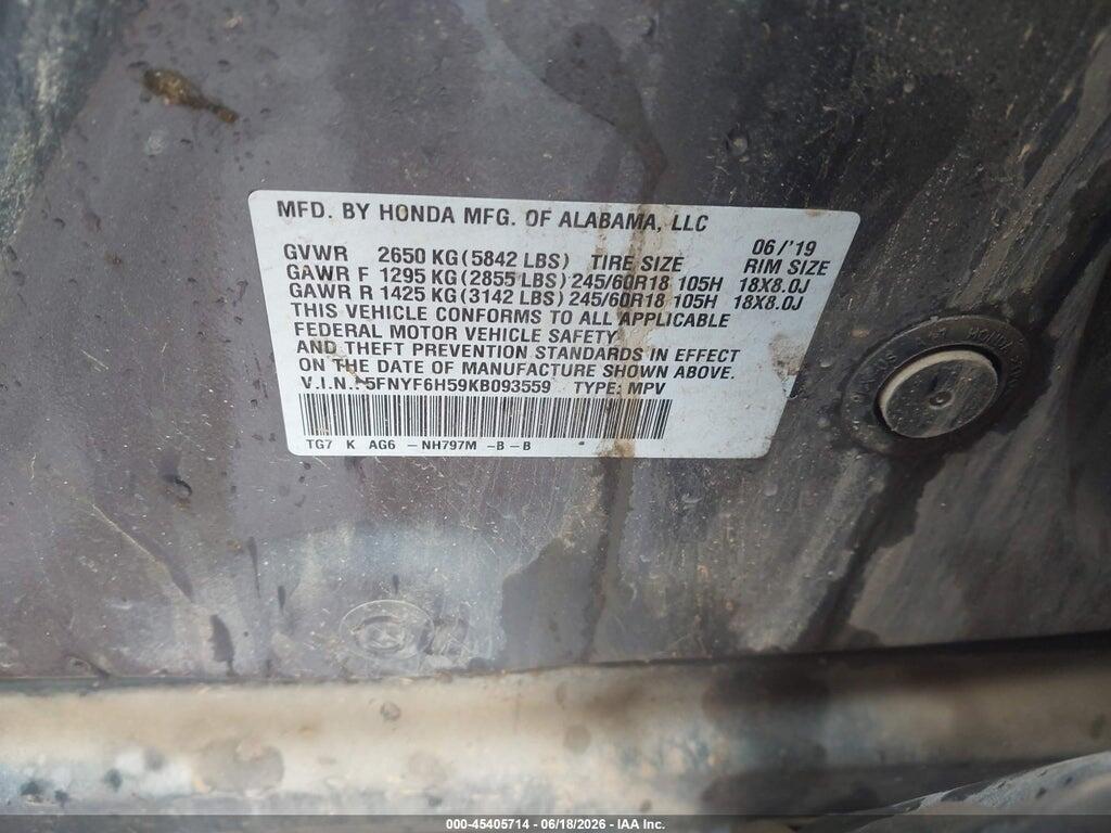 5FNYF6H59KB093559 2019 HONDA PILOT photo no. 9