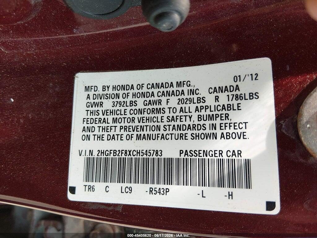 2HGFB2F8XCH545783 2012 HONDA CIVIC photo no. 9