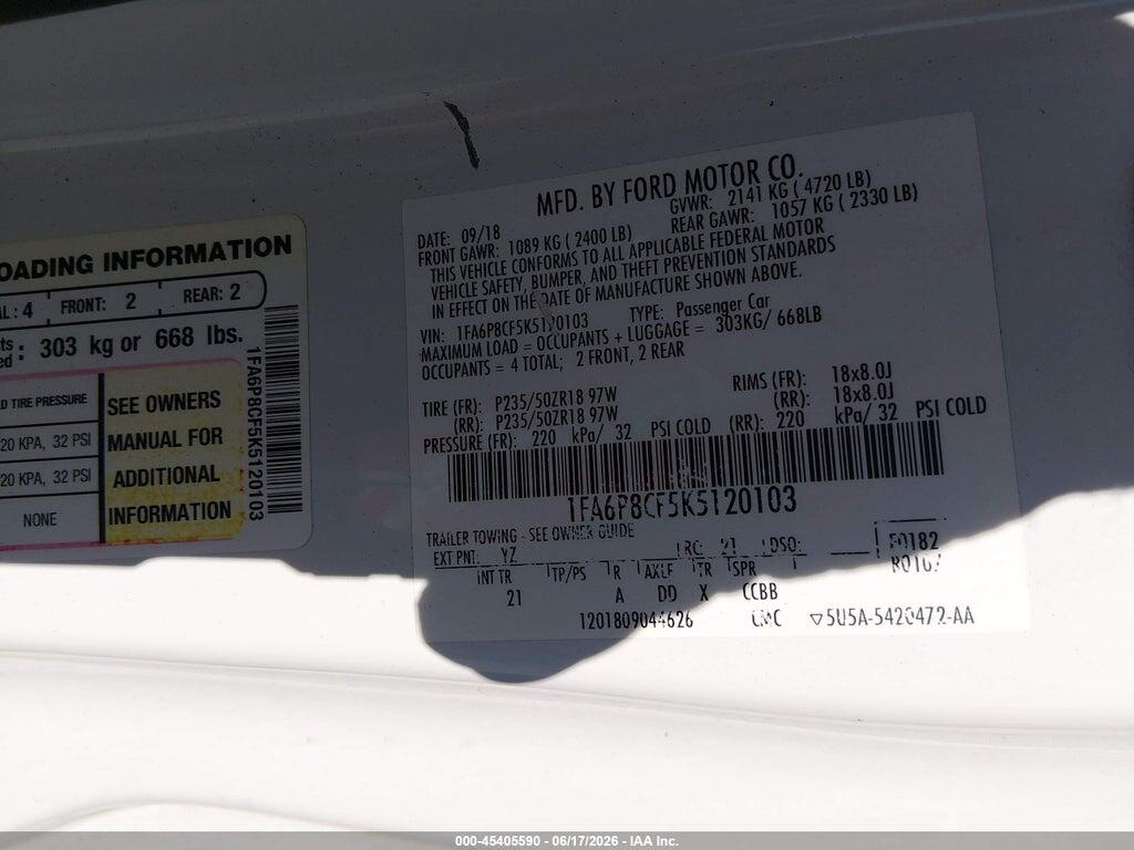 1FA6P8CF5K5120103 2019 FORD MUSTANG photo no. 9