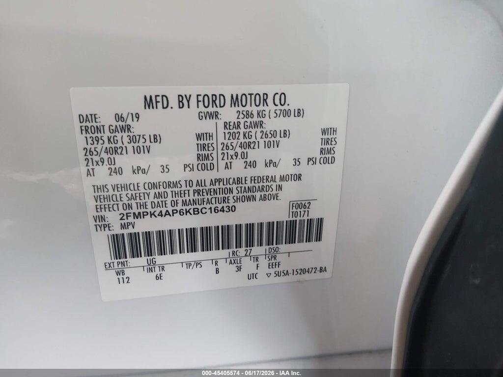 2FMPK4AP6KBC16430 2019 FORD EDGE photo no. 9
