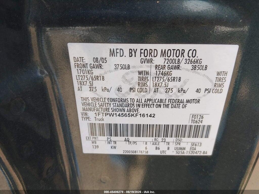 1FTPW14565KF16142 2005 FORD F-150 photo no. 9