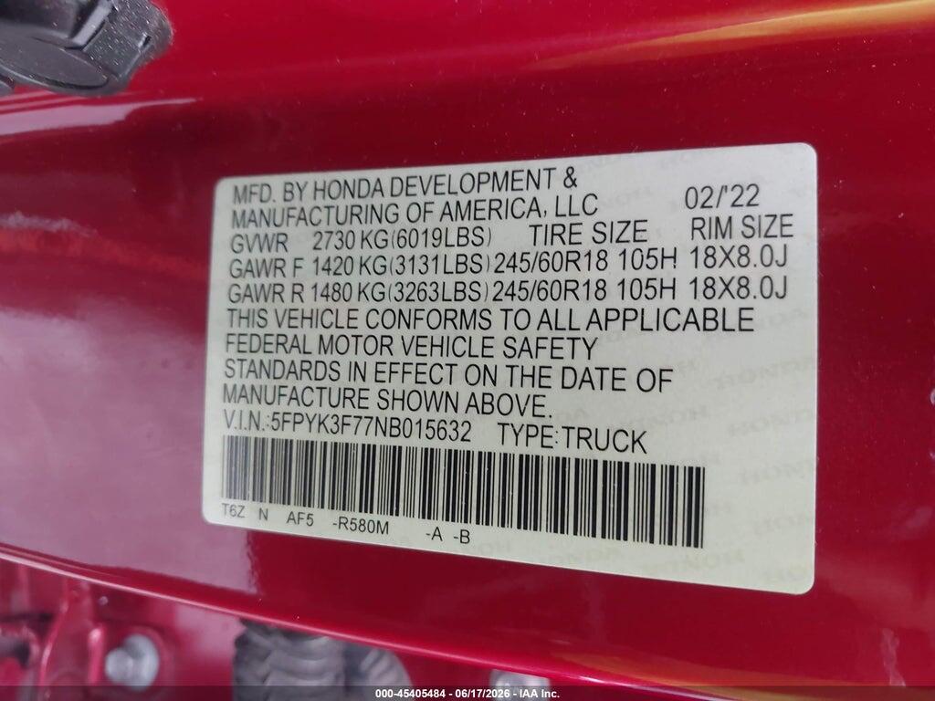 5FPYK3F77NB015632 2022 HONDA RIDGELINE photo no. 9