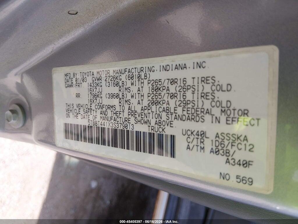 5TBBT441X3S379013 2003 TOYOTA TUNDRA photo no. 9