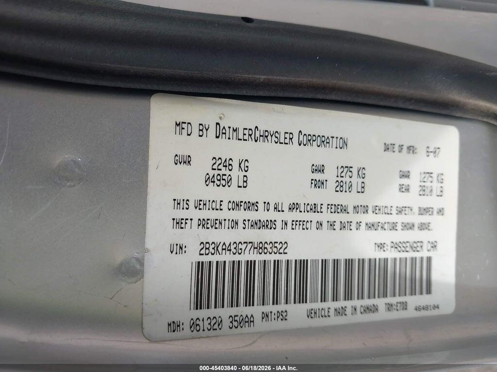 2B3KA43G77H863522 2007 DODGE CHARGER photo no. 9