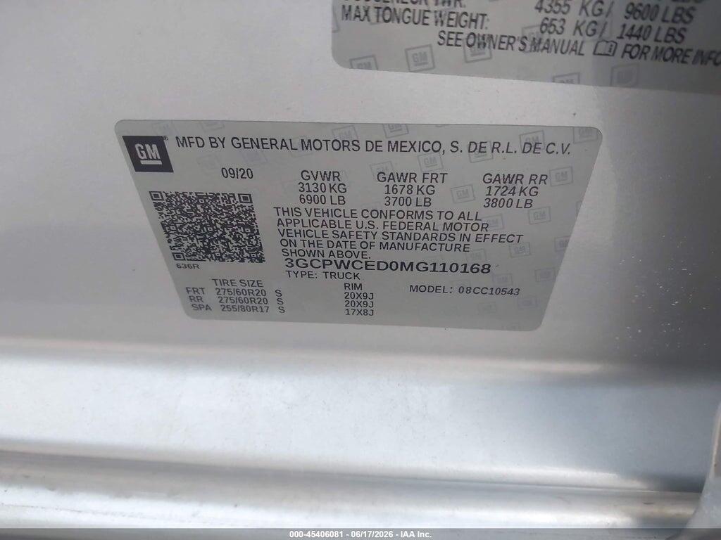 3GCPWCED0MG110168 2021 CHEVROLET SILVERADO 1500 photo no. 9