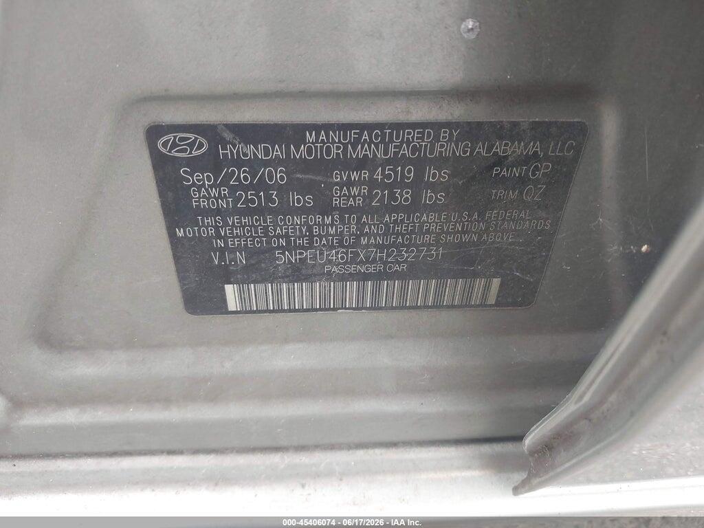 5NPEU46FX7H232731 2007 HYUNDAI SONATA photo no. 9