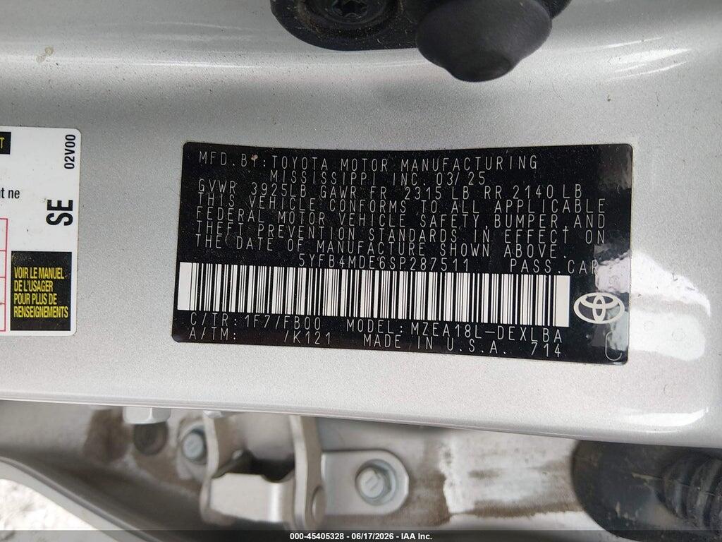 5YFB4MDE6SP287511 2025 TOYOTA COROLLA photo no. 9