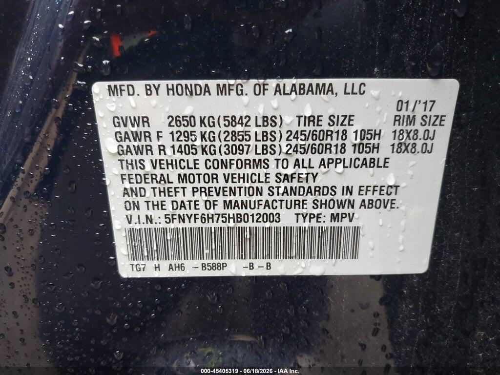5FNYF6H75HB012003 2017 HONDA PILOT photo no. 9