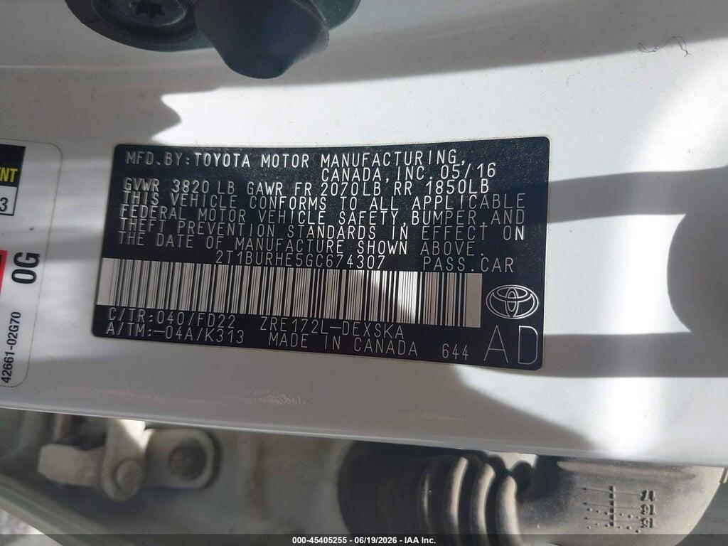 2T1BURHE5GC674307 2016 TOYOTA COROLLA photo no. 9