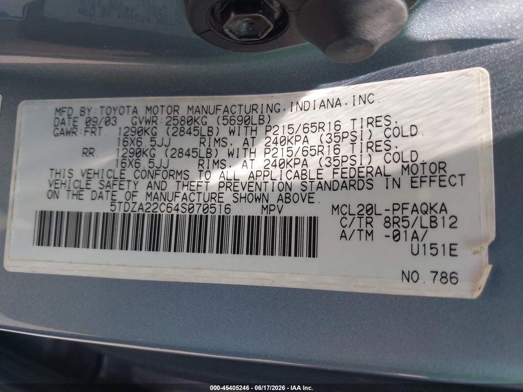 5TDZA22C64S070516 2004 TOYOTA SIENNA photo no. 9