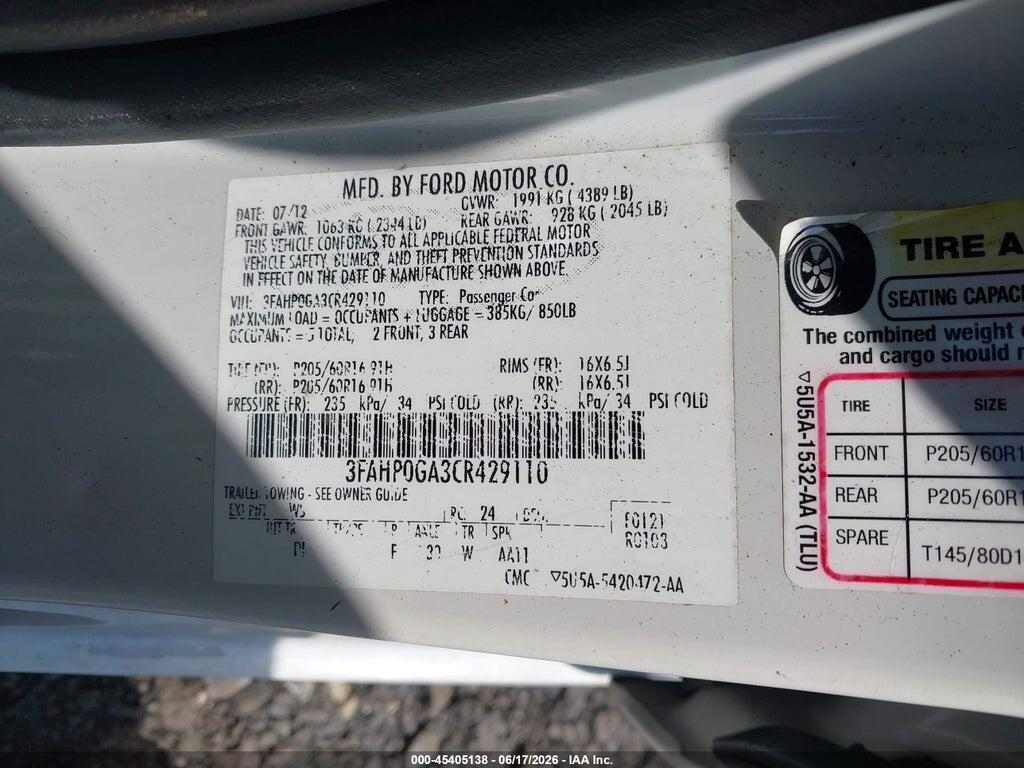 3FAHP0GA3CR429110 2012 FORD FUSION photo no. 9