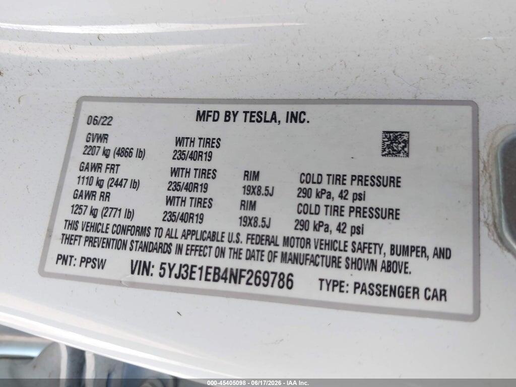 5YJ3E1EB4NF269786 2022 TESLA MODEL 3 photo no. 9