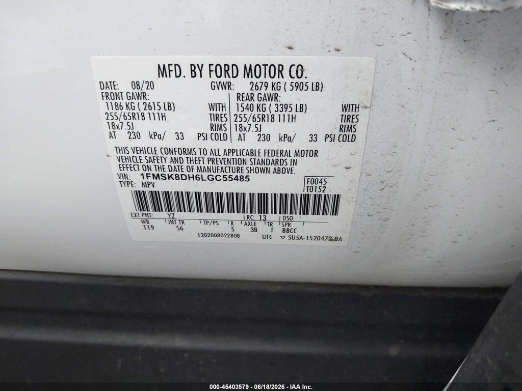 1FMSK8DH6LGC55485 2020 FORD EXPLORER photo no. 9