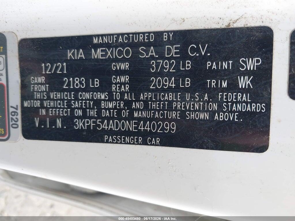 3KPF54AD0NE440299 2022 KIA FORTE photo no. 9