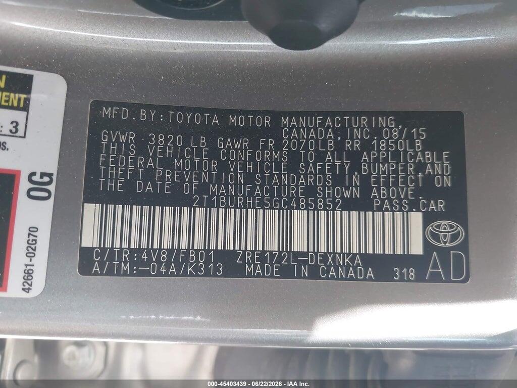 2T1BURHE5GC485852 2016 TOYOTA COROLLA photo no. 9