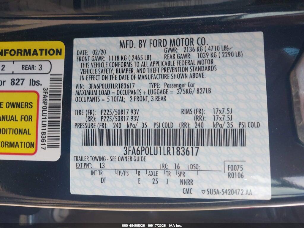 3FA6P0LU1LR183617 2020 FORD FUSION photo no. 9