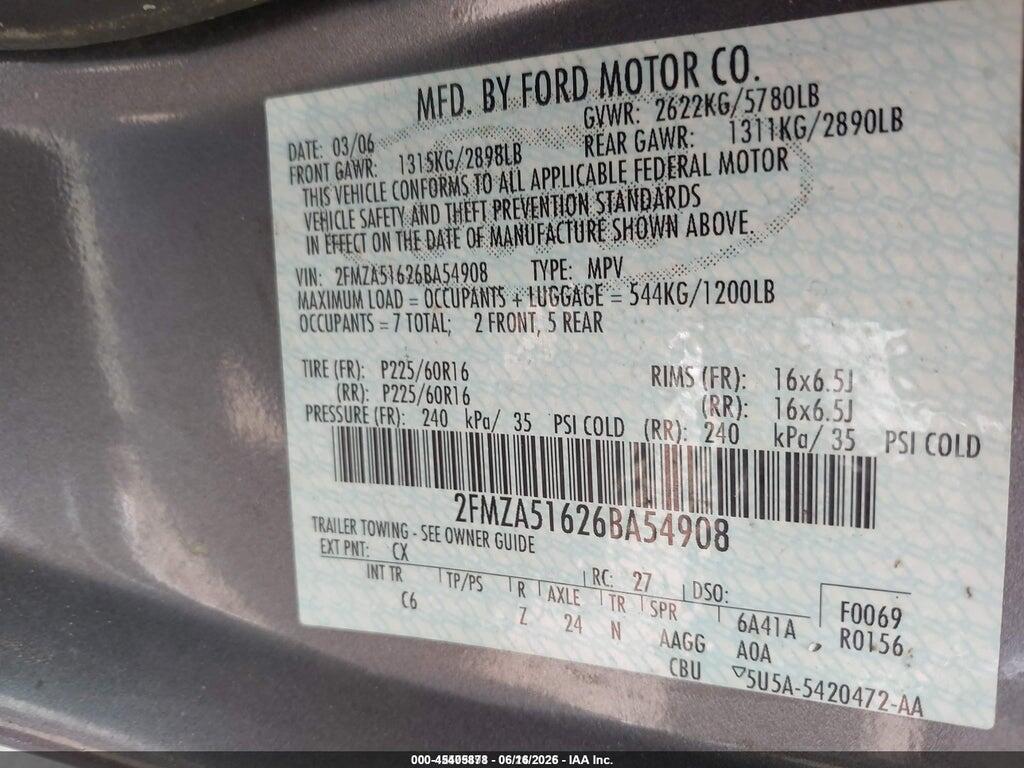 2FMZA51626BA54908 2006 FORD FREESTAR photo no. 9