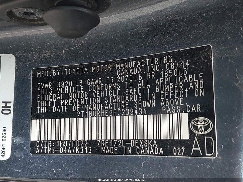 2T1BURHE9FC239434 2015 TOYOTA COROLLA photo no. 9