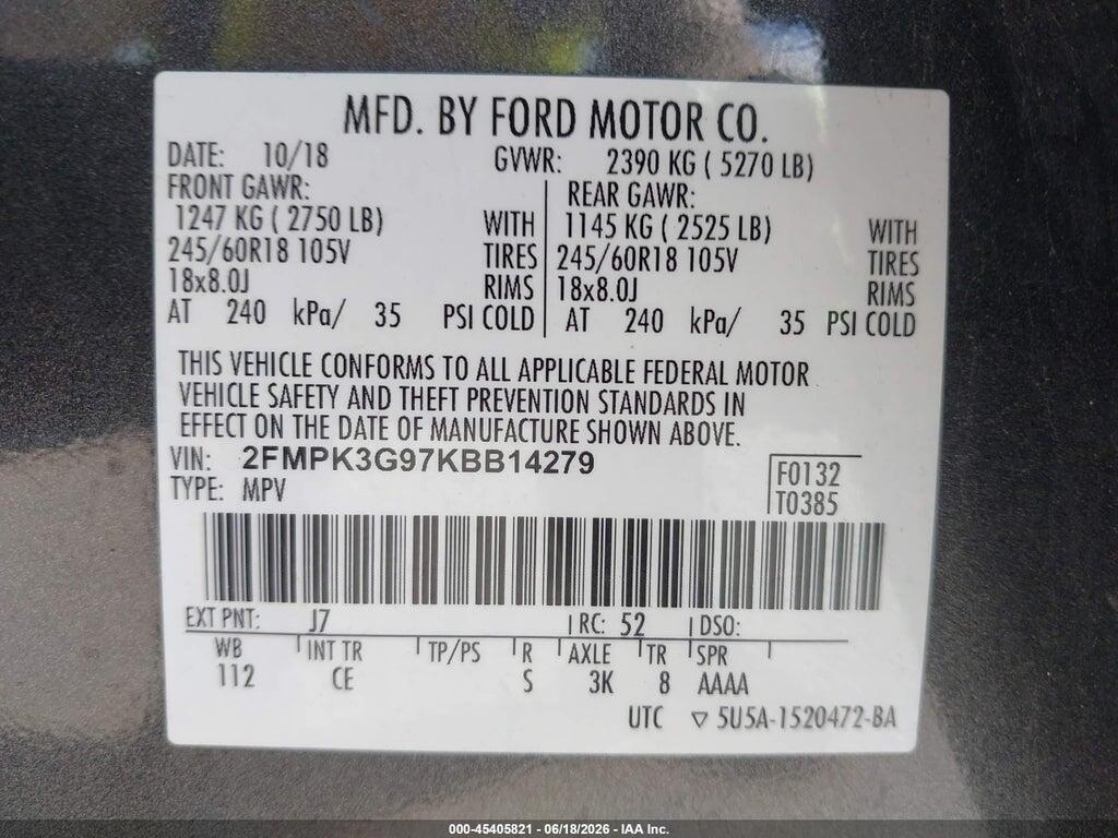 2FMPK3G97KBB14279 2019 FORD EDGE photo no. 9