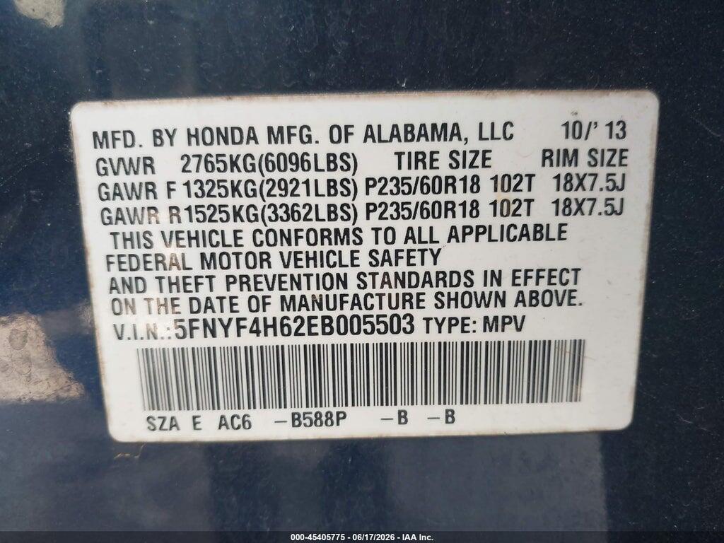5FNYF4H62EB005503 2014 HONDA PILOT photo no. 9