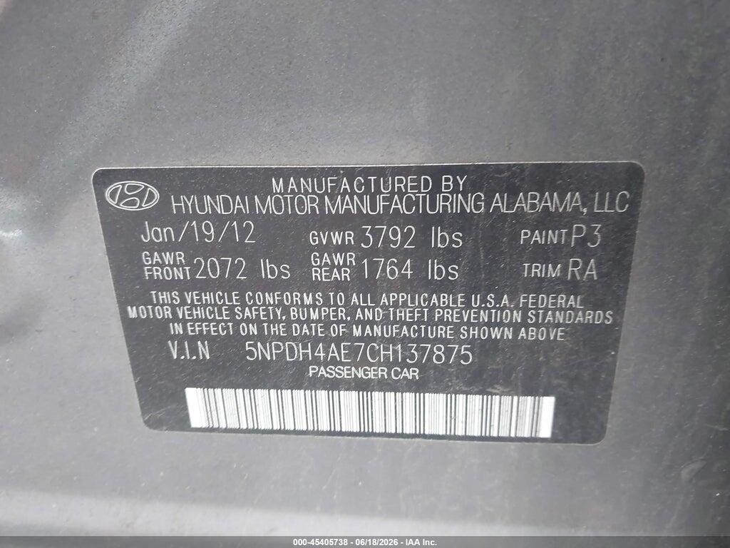 5NPDH4AE7CH137875 2012 HYUNDAI ELANTRA photo no. 9