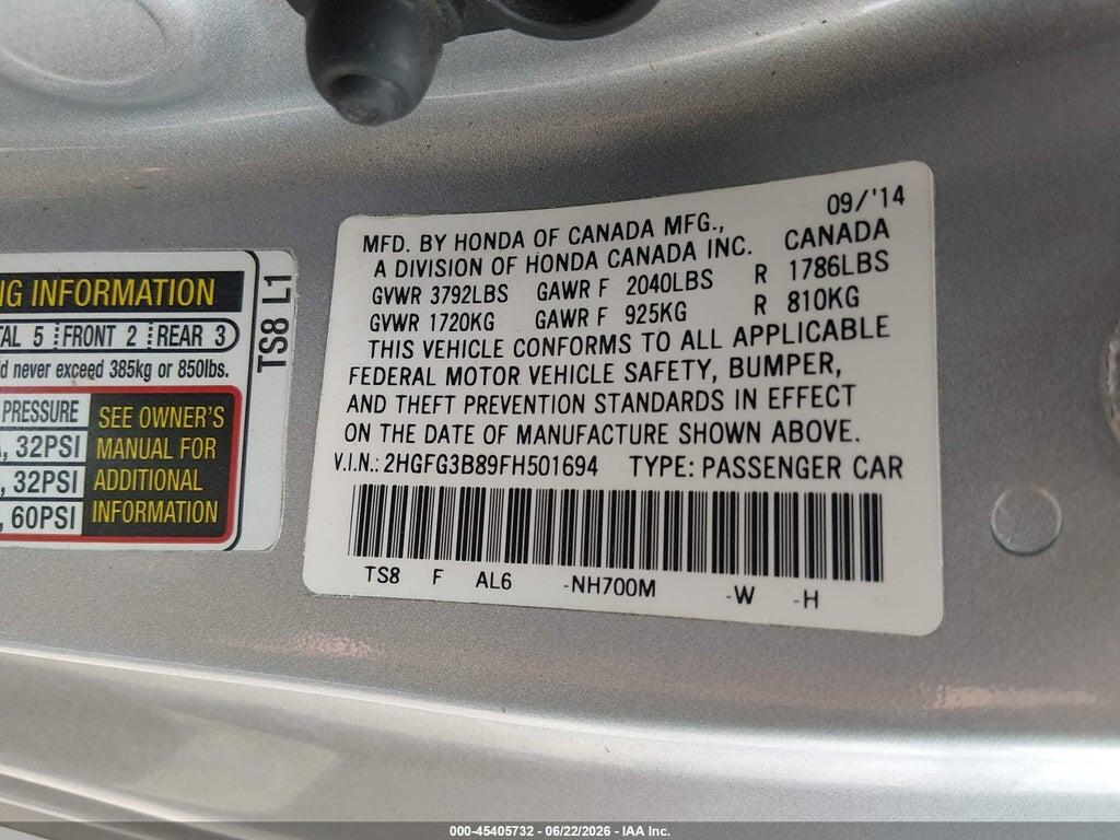 2HGFG3B89FH501694 2015 HONDA CIVIC photo no. 9