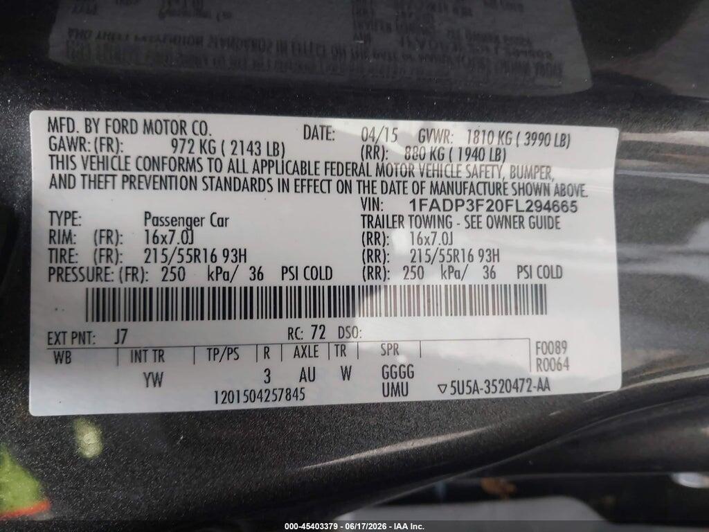 1FADP3F20FL294665 2015 FORD FOCUS photo no. 9
