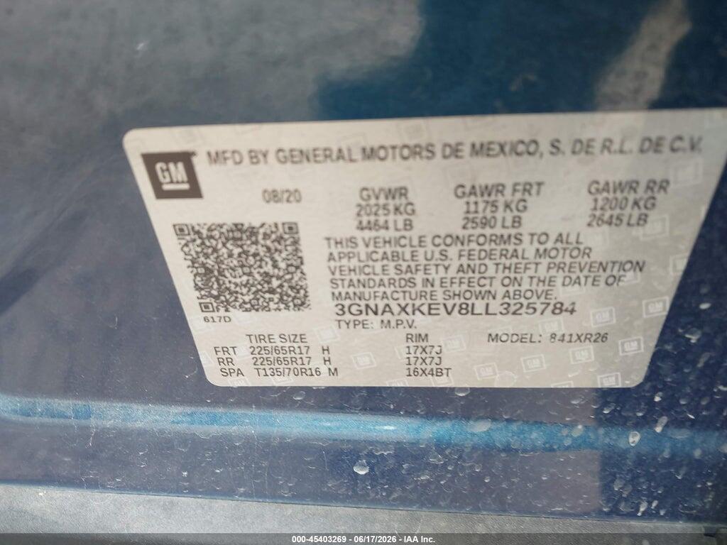 3GNAXKEV8LL325784 2020 CHEVROLET EQUINOX photo no. 9