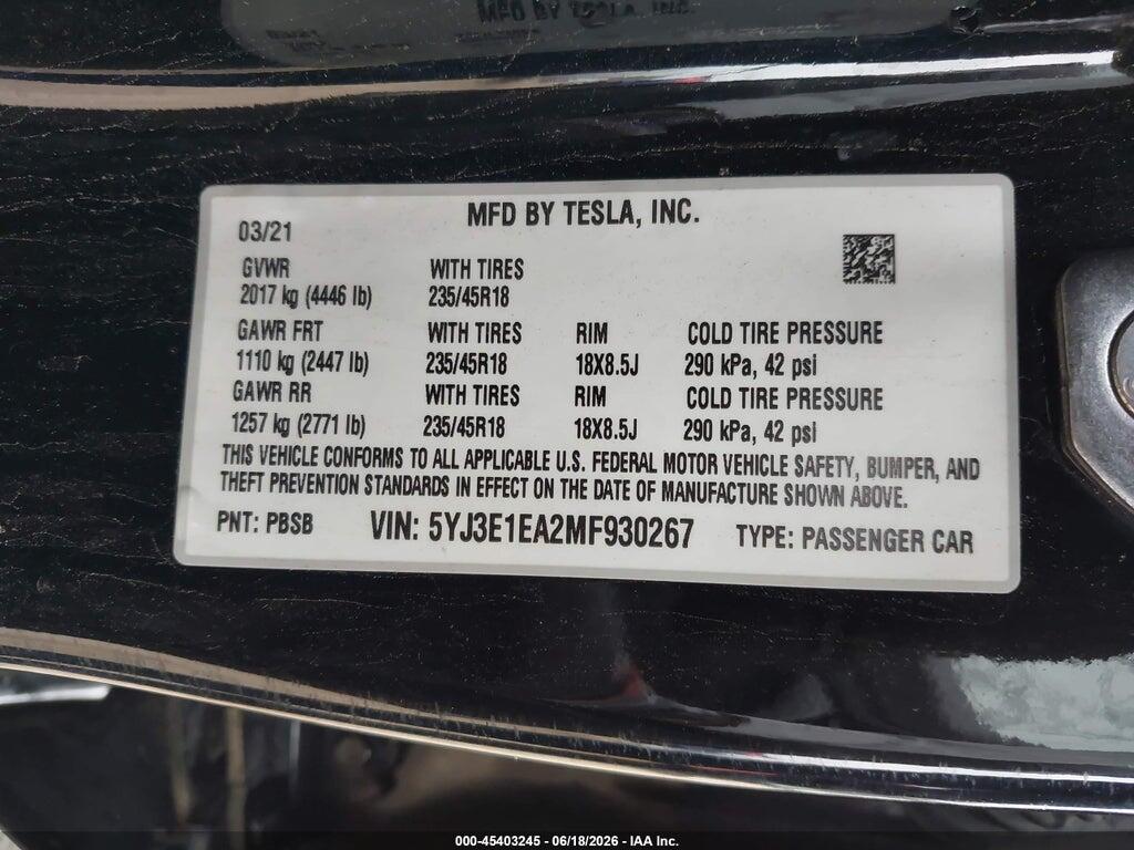 5YJ3E1EA2MF930267 2021 TESLA MODEL 3 photo no. 9