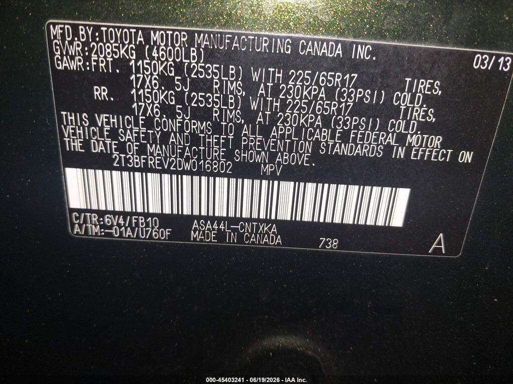 2T3BFREV2DW016802 2013 TOYOTA RAV4 photo no. 9