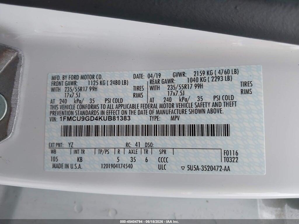 1FMCU9GD4KUB81383 2019 FORD ESCAPE photo no. 9