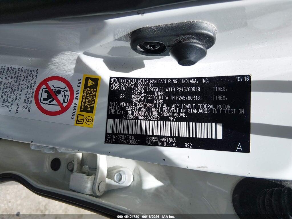 5TDBKRFH6GS345352 2016 TOYOTA HIGHLANDER photo no. 9