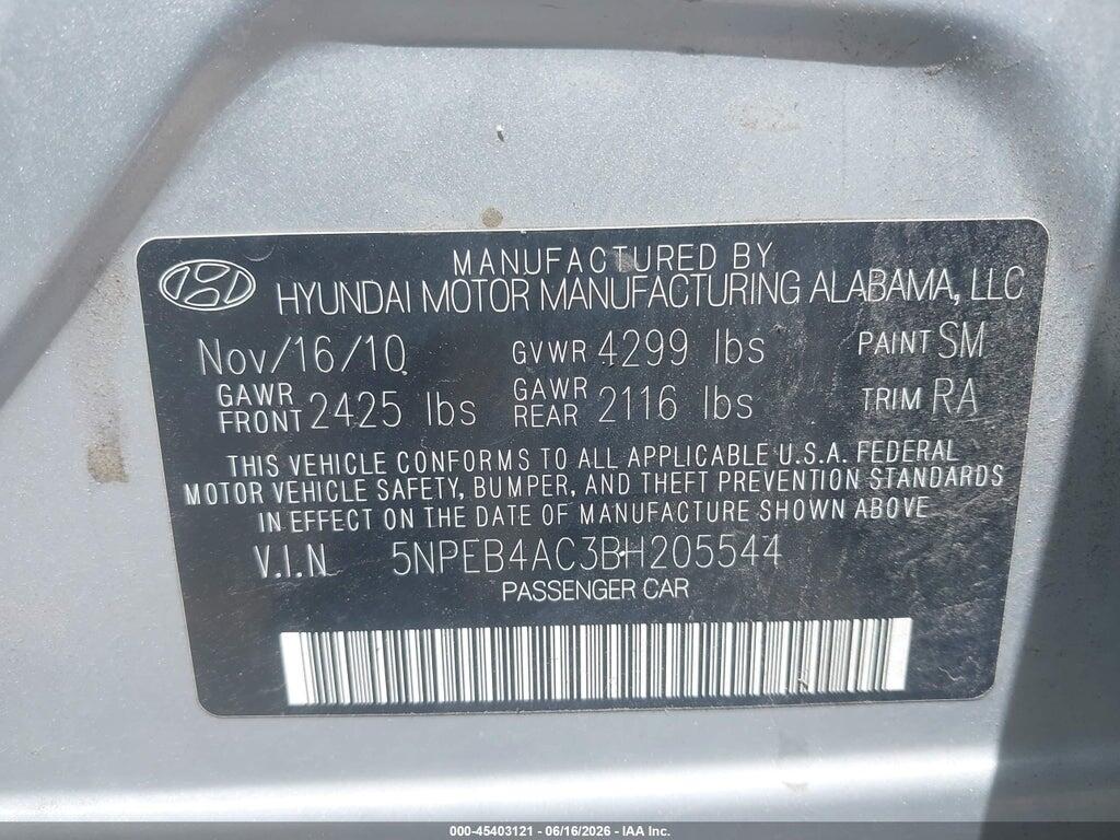 5NPEB4AC3BH205544 2011 HYUNDAI SONATA photo no. 9