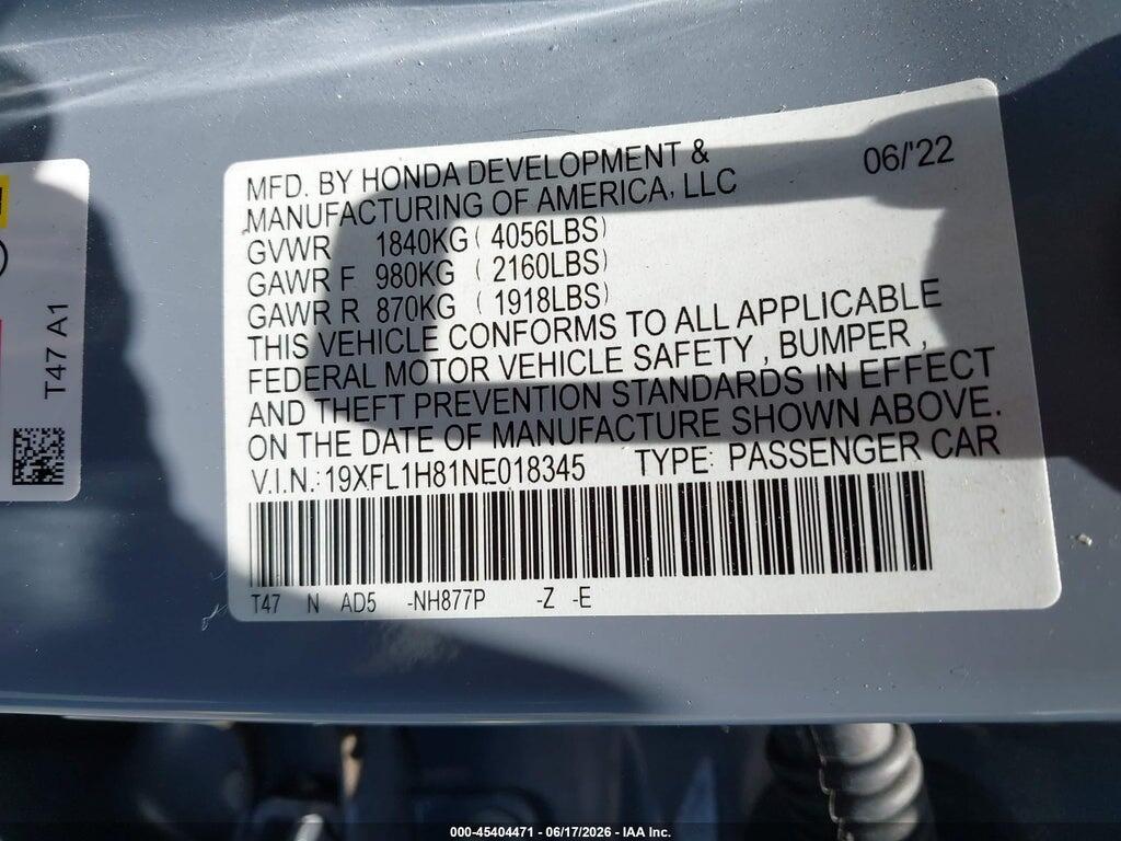 19XFL1H81NE018345 2022 HONDA CIVIC photo no. 9