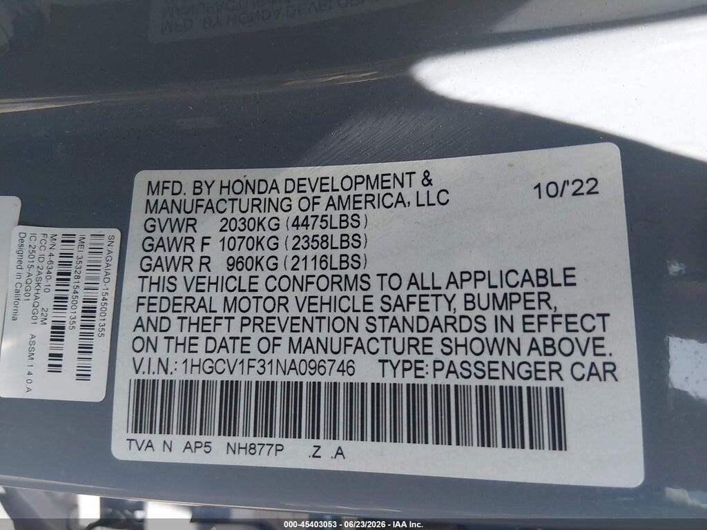 1HGCV1F31NA096746 2022 HONDA ACCORD photo no. 9